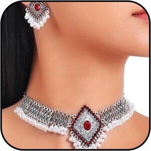 🆕 Women Red Traditional Necklace Dangling Jhumkas Perfect Indian Jewelry Gift